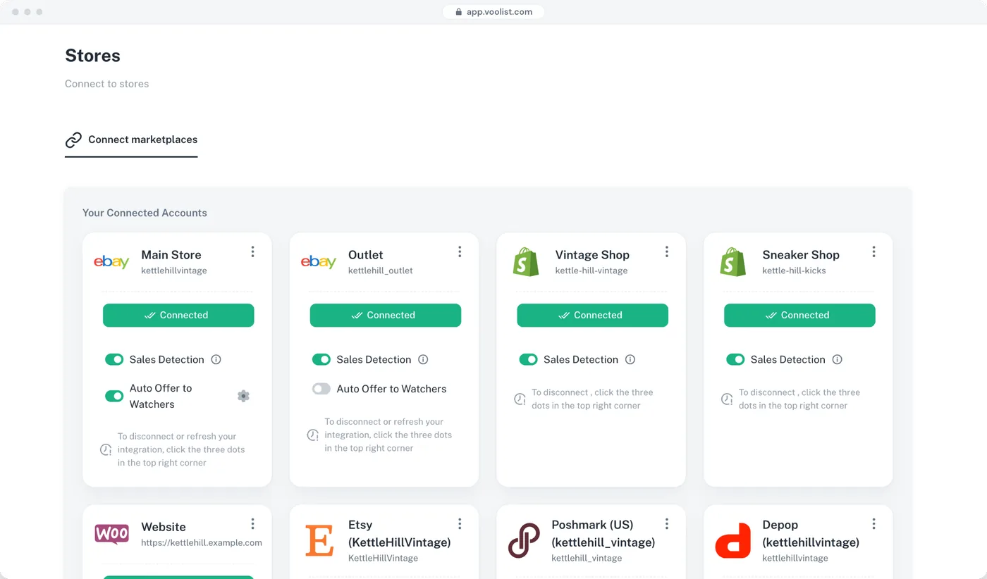 Two eBay accounts and two Shopify stores connected in Voolist