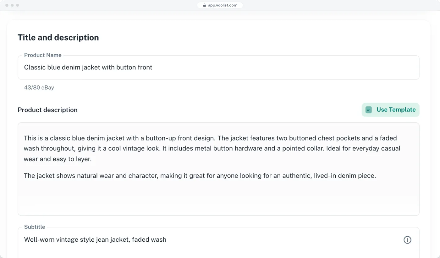 A title and description written by Voolist’s AI for a denim jacket, with the eBay title counter at 43 of 80 characters