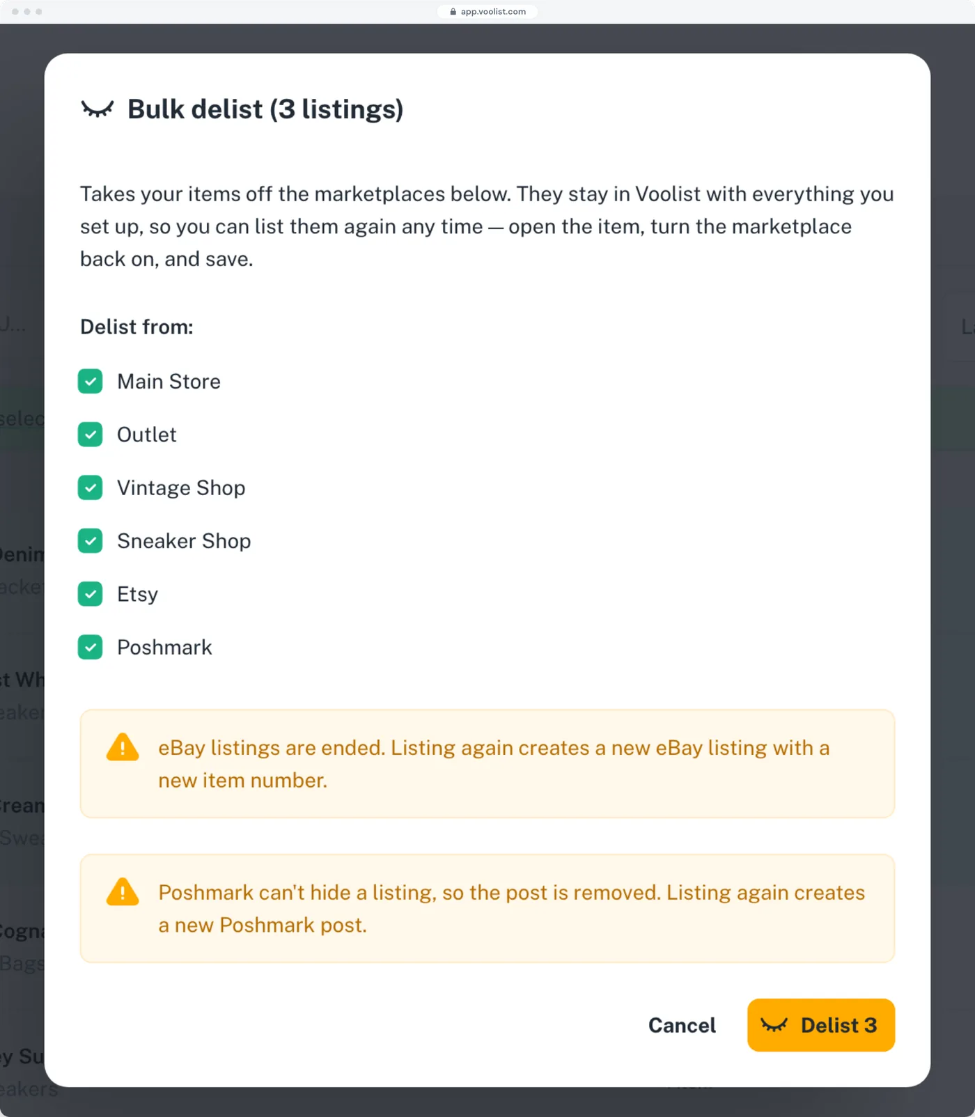 Bulk delisting three listings in Voolist: they come off two eBay accounts, two Shopify stores, Etsy and Poshmark, and stay in Voolist