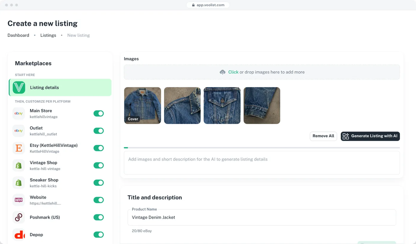 A new listing in Voolist with its photos added and eBay, Etsy, Shopify, WooCommerce, Poshmark and Depop switched on