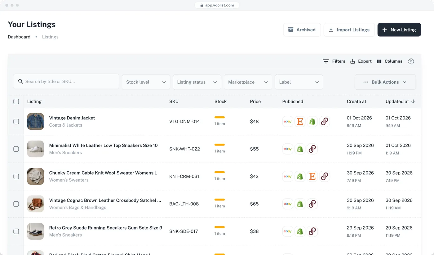 Your listings in Voolist, with filters for stock level, listing status, marketplace and label, and a Bulk Actions menu
