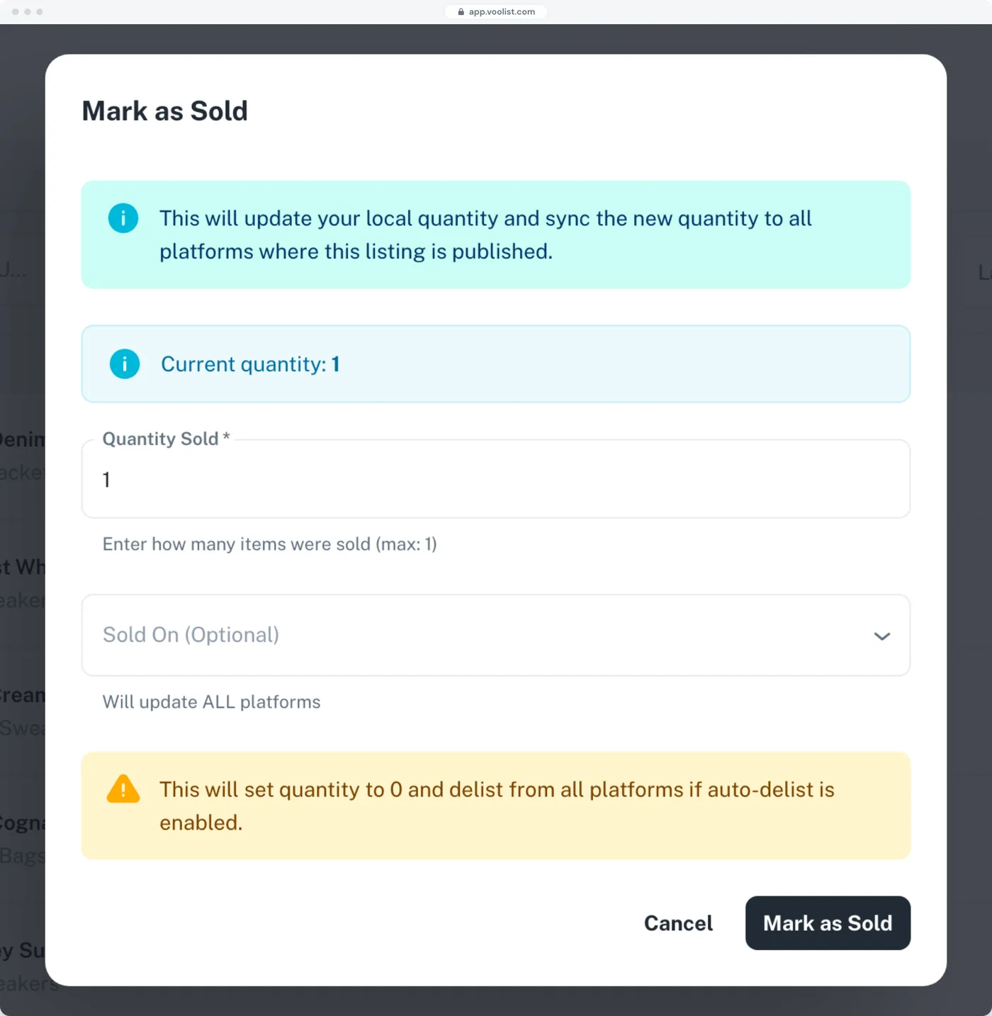 The Mark as Sold dialog in Voolist: quantity sold, where it sold, and a note that it updates every platform