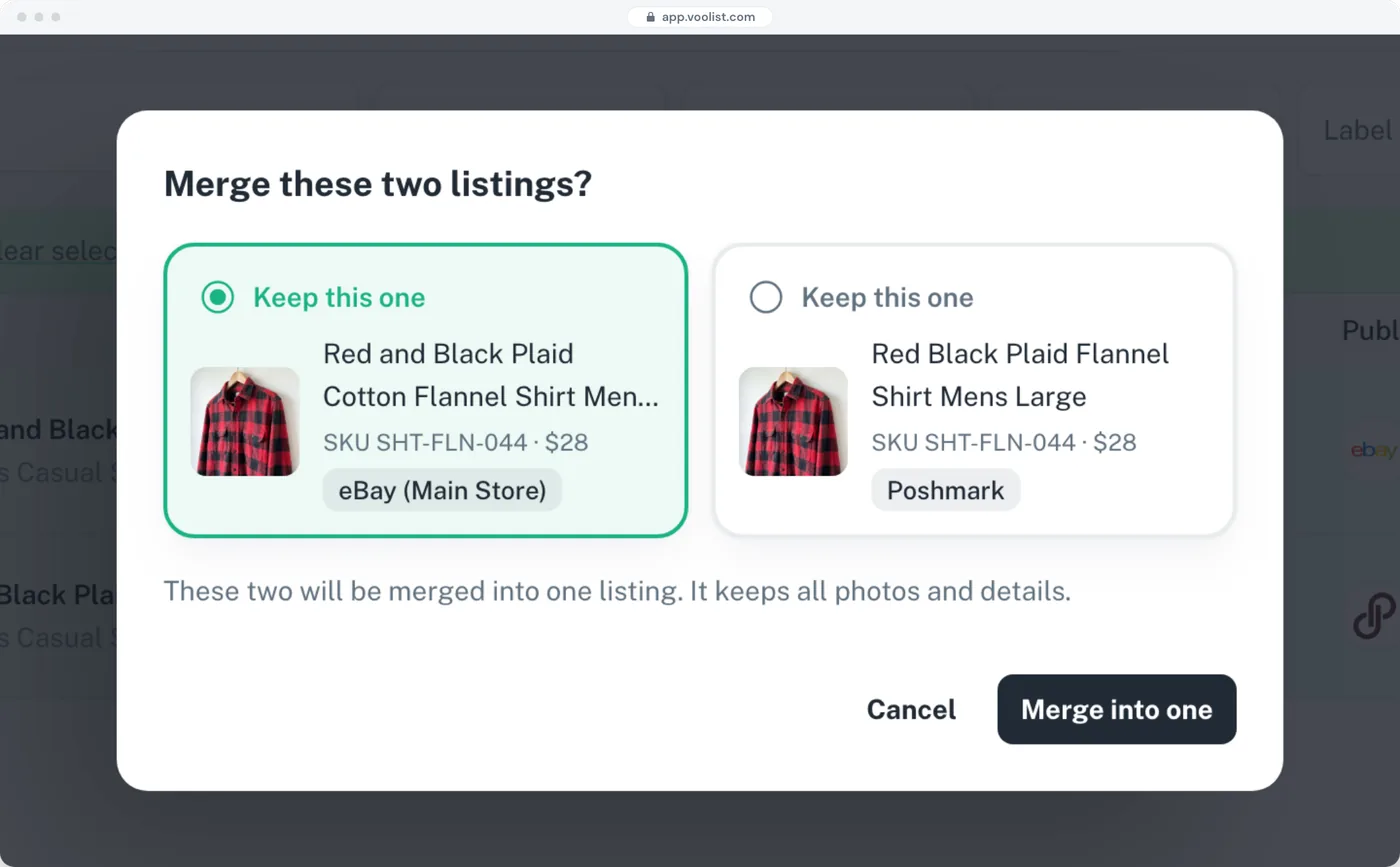 Merging two listings of the same flannel shirt in Voolist, one imported from eBay and one from Poshmark