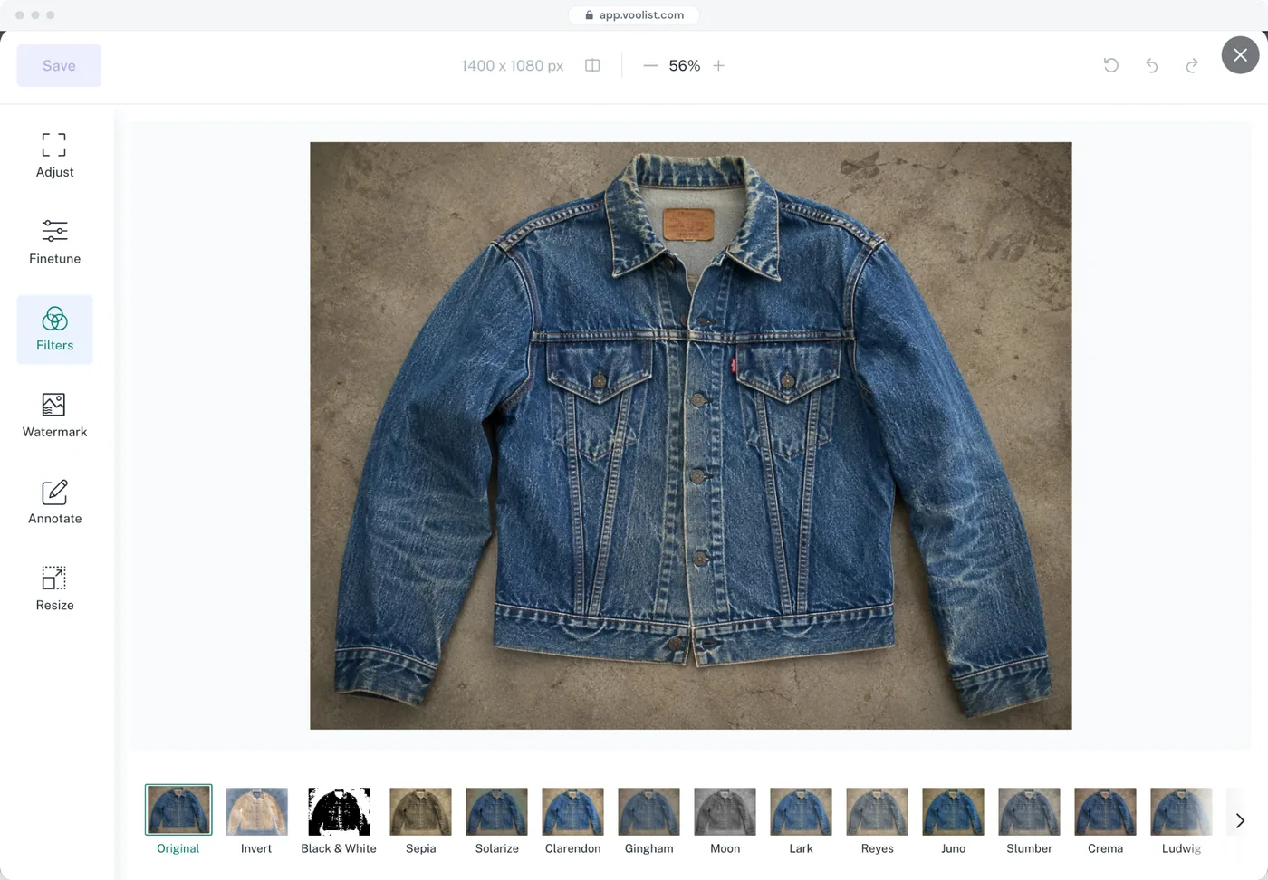 The Voolist photo editor on a denim jacket, with tools to adjust, fine-tune, filter, watermark, annotate and resize