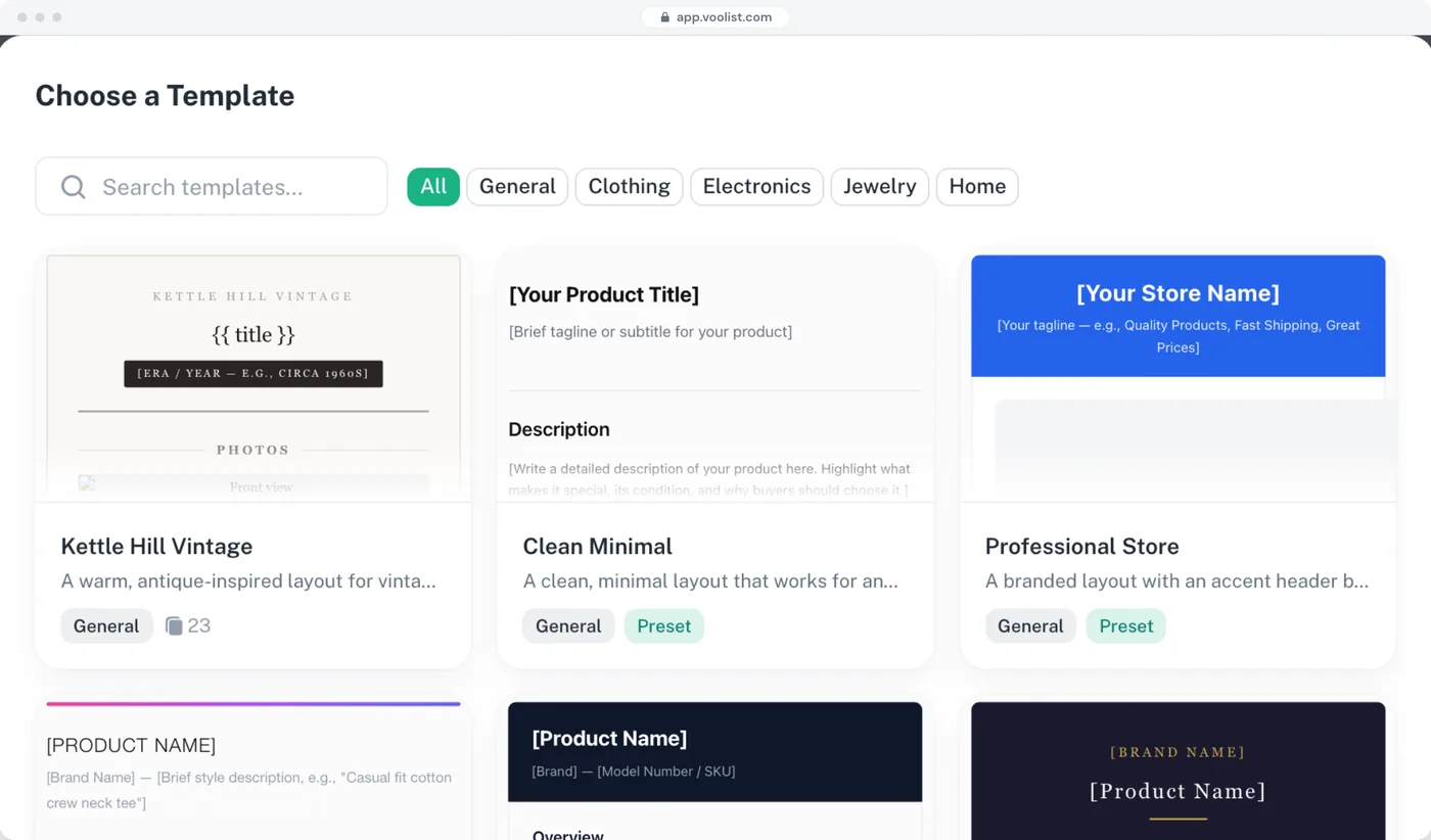 Choosing a listing template in Voolist: a shop’s own HTML template and ready-made presets